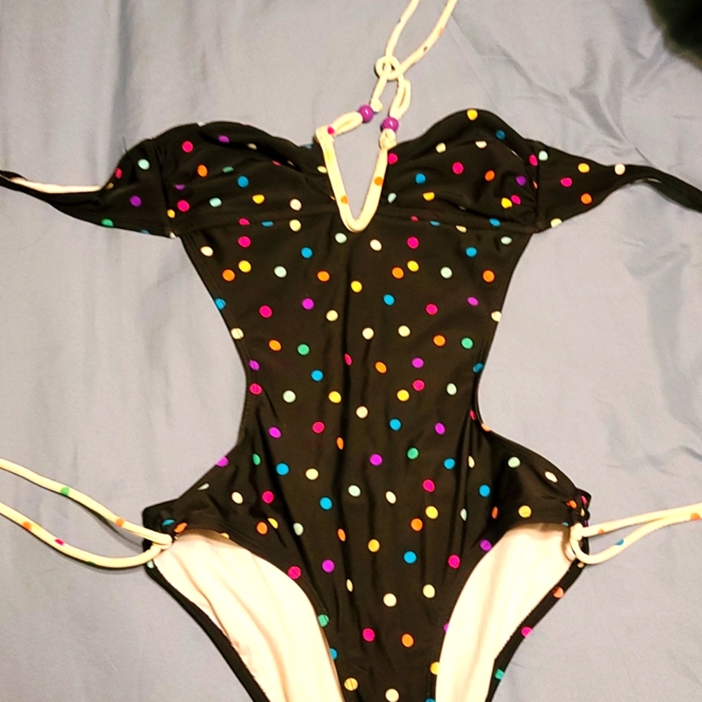 Bathing suit, black with multicolor polka-dot, Size small, brand OP